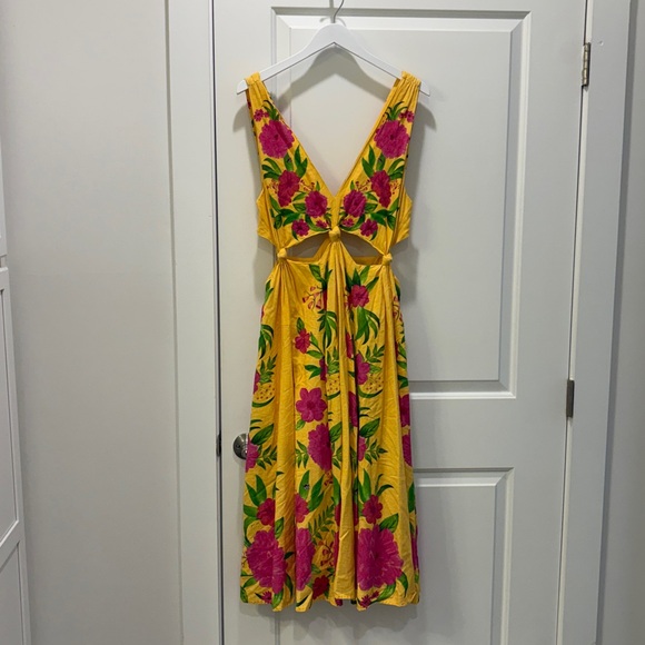 Farm Rio Romantic Garden Yellow Pink Plunge Midi Dress Size M - Picture 5 of 16